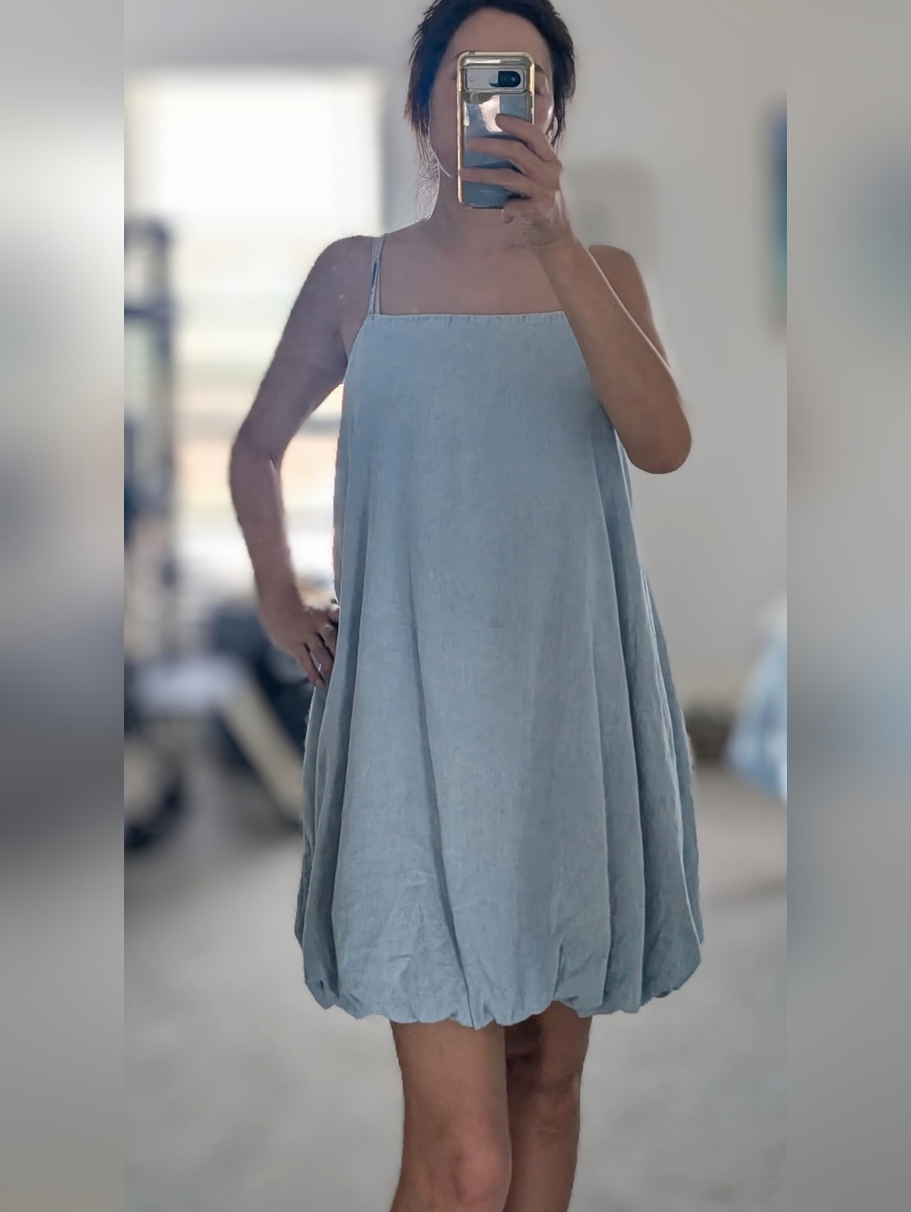 GAP Light Blue Washed Denim Spaghetti-Strap Bubble-Hem Mini Dress